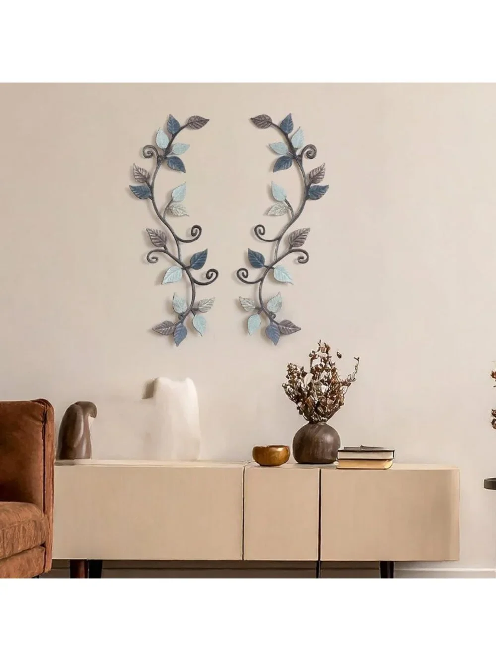 2 Pcs Metal Tree Leaf Wall Art - Rustic Scroll Vine Decor for Indoor/Outdoor